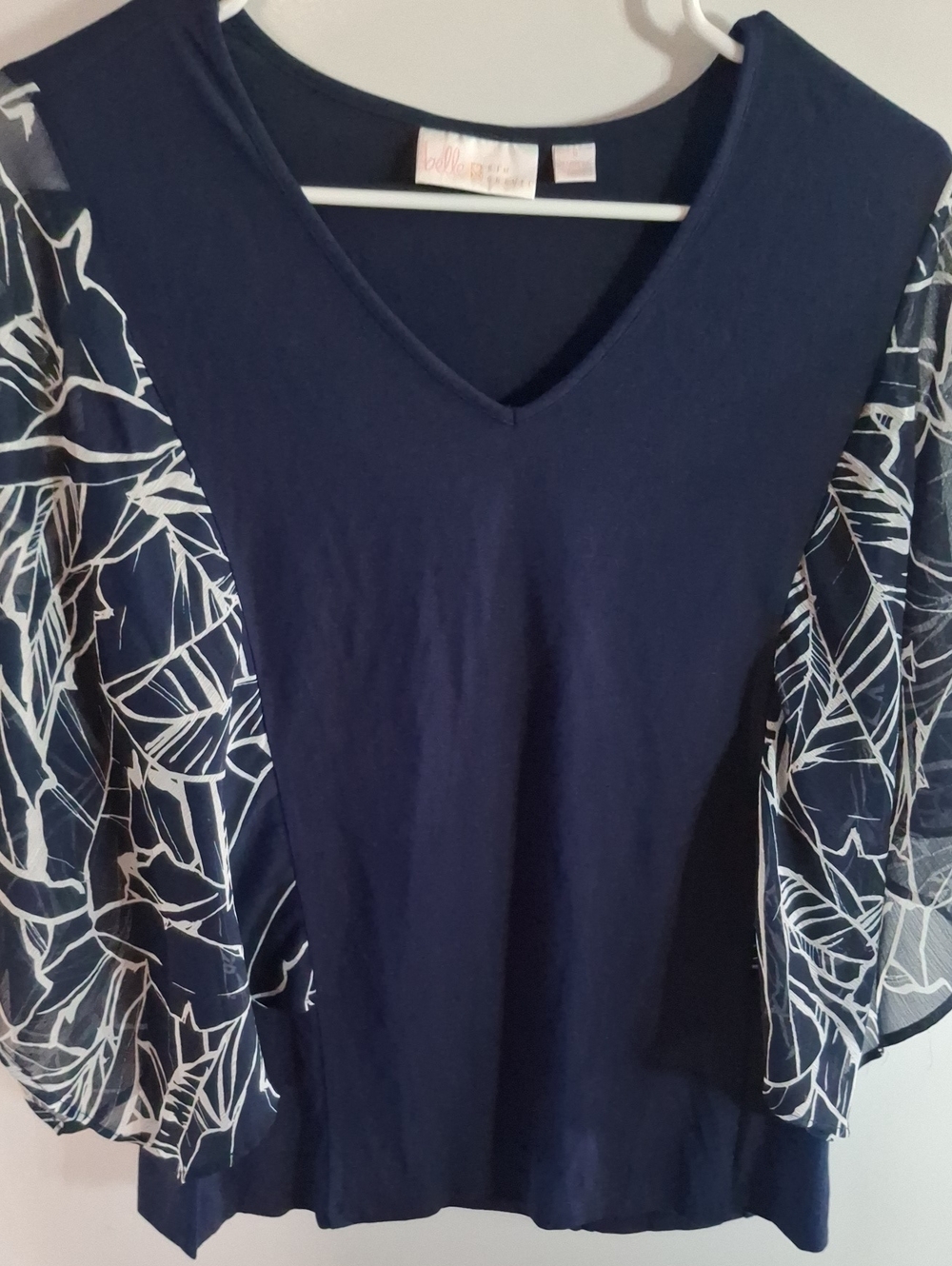 Navy V-Neck Women's Top with Printed Sheer Puff Sleeves